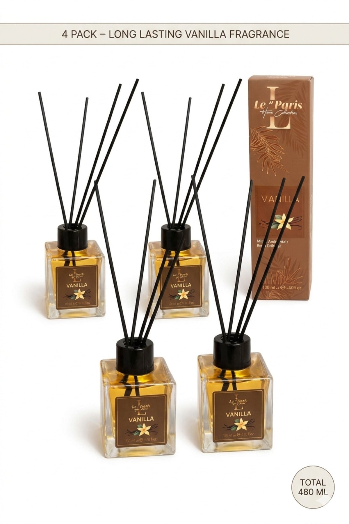 Premium Reed Diffuser 4x120ml, Long-Lasting Scent - Vanilie