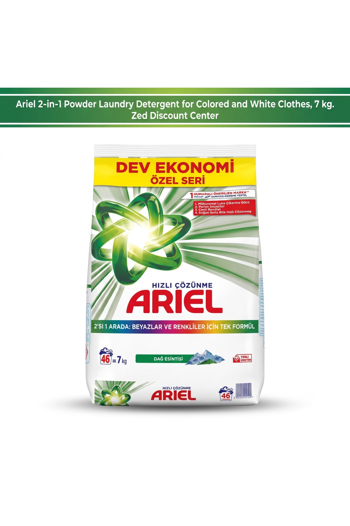 2-in-1 Powder Laundry Detergent for Colored and White Clothes, 7 kg. Fast Dissolving - Mountain Breeze Scent