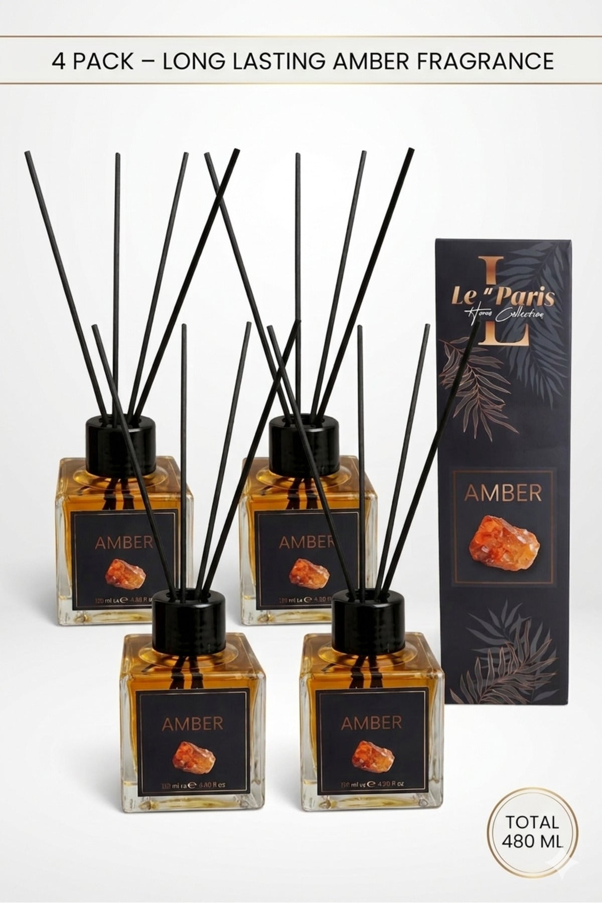 Premium Reed Diffuser 4x120ml, Long-Lasting Scent - Amber