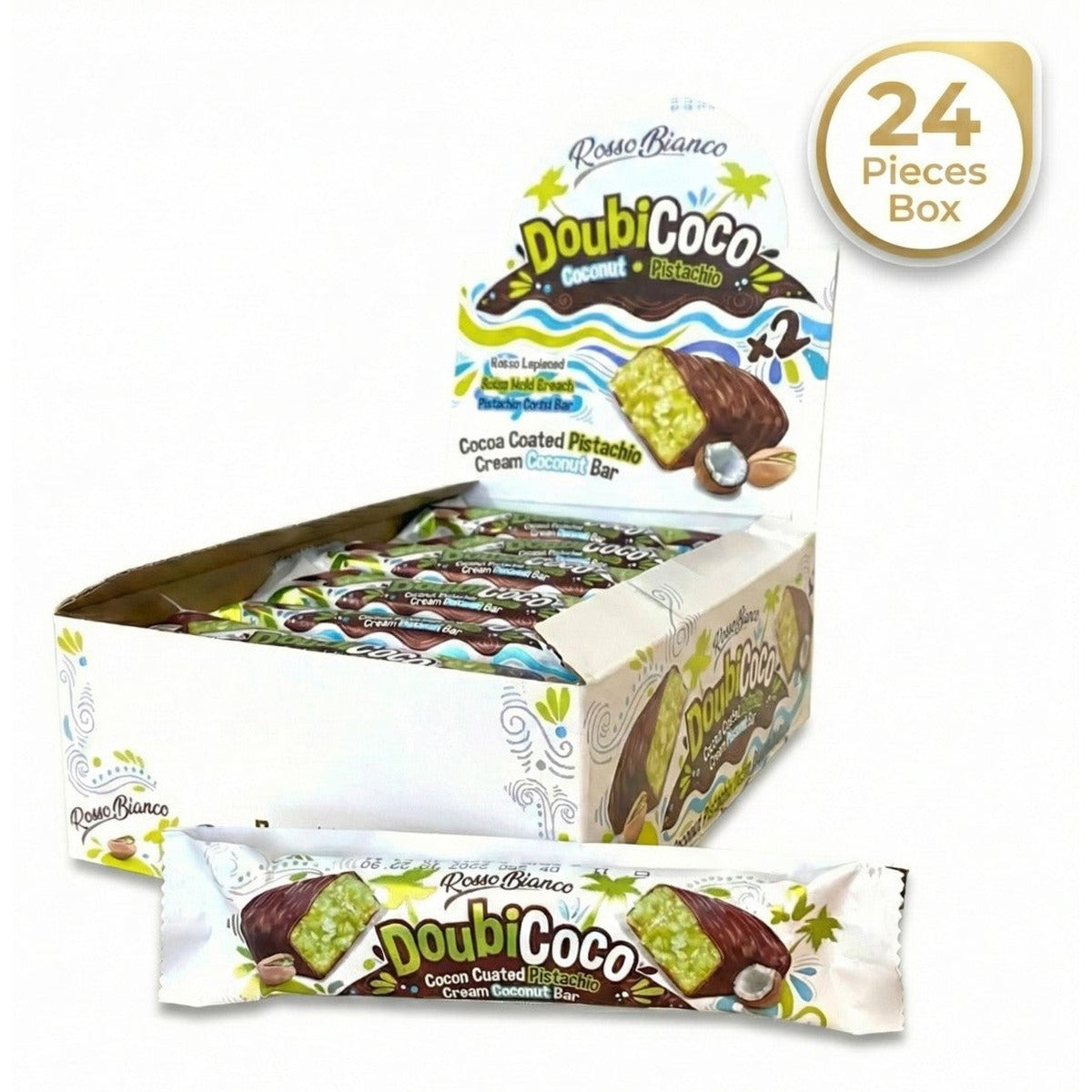 DoubiCoco Pistachio Cream and Coconut Dubai Chocolate Bars - Box of 24