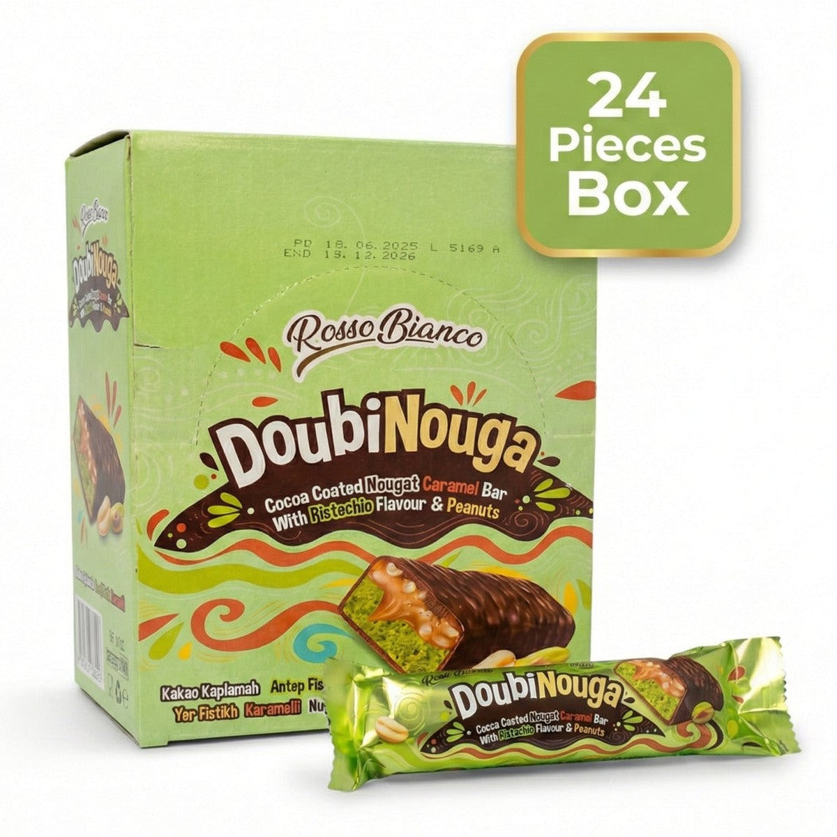 Doubi Nouga 40g x 24 Pack: Pistachio, Peanut & Caramel Dubai Chocolate Bars
