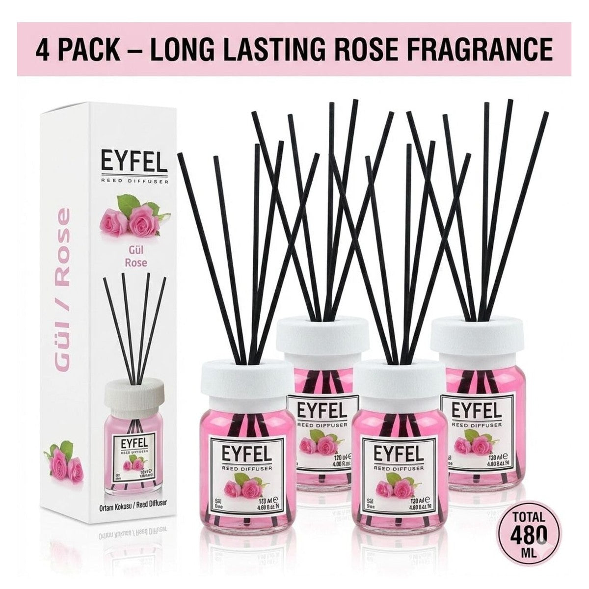 Room Freshener with Sticks, Rose, 120ml x4