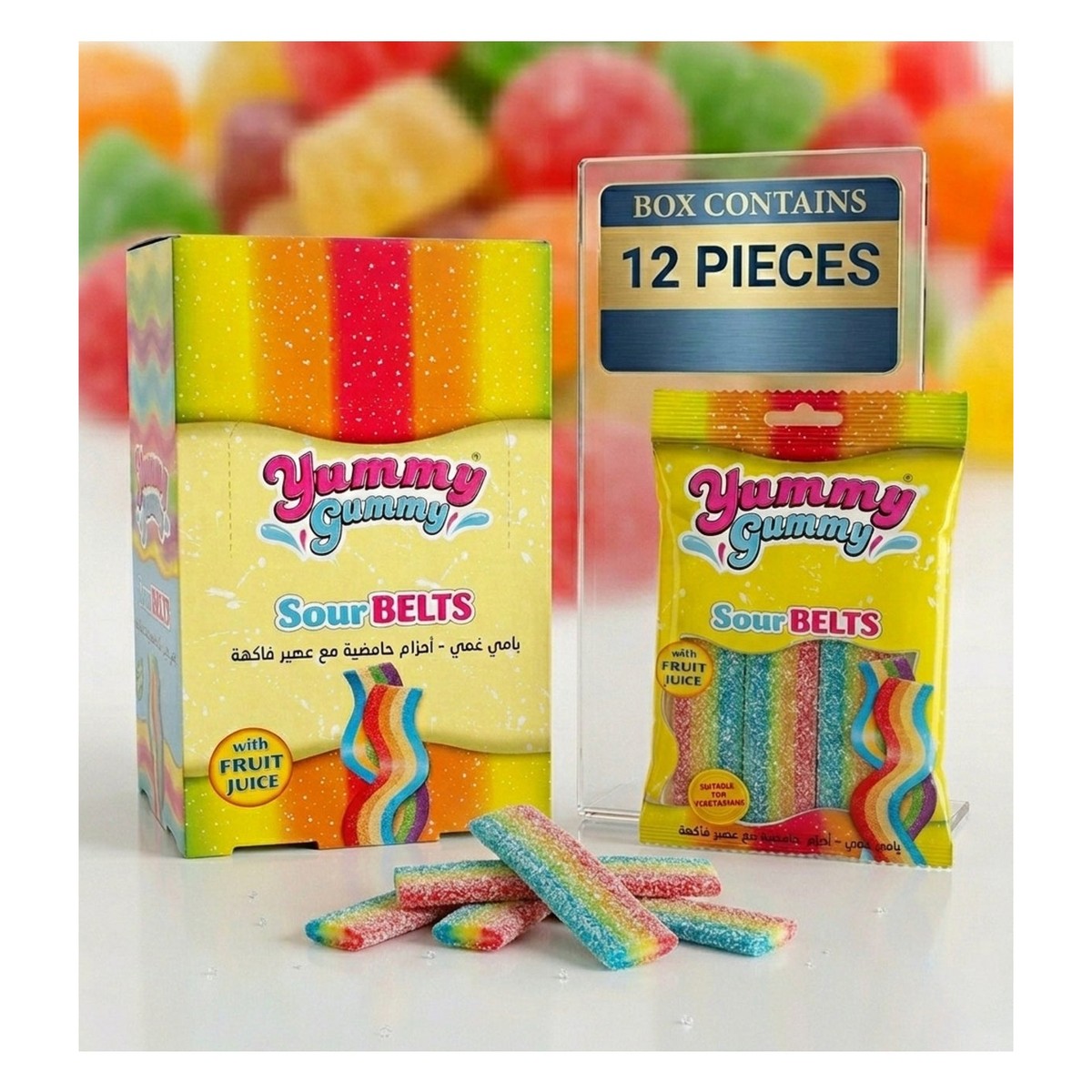 Yummy Gummy Sour Belts - Fruit Flavored Soft Candies X12 pieces