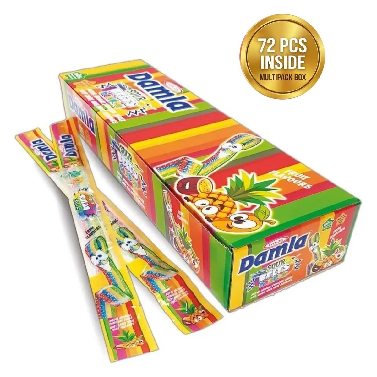 Damla Sour Belts Licorice Rainbow Cardboard Box 15g x 72 Pieces