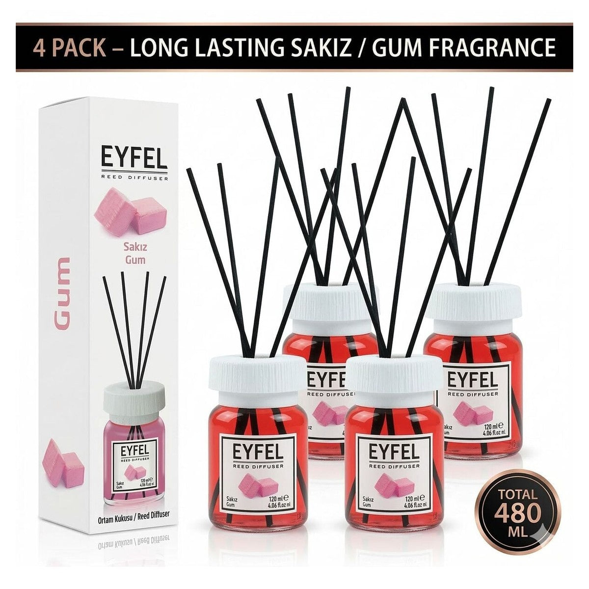 Room Freshener with Sticks, Gum, 120ml x4