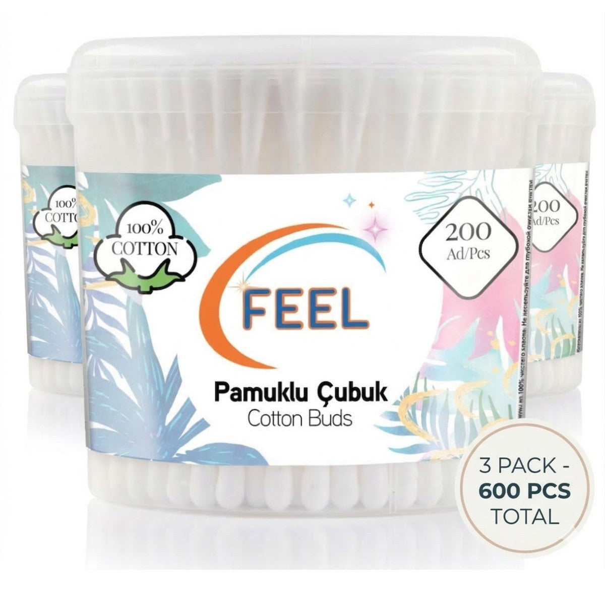 Cotton Buds 3 Pack (200 Pcs Each) - 100% Cotton Soft & Hygienic Swabs - 600 Total