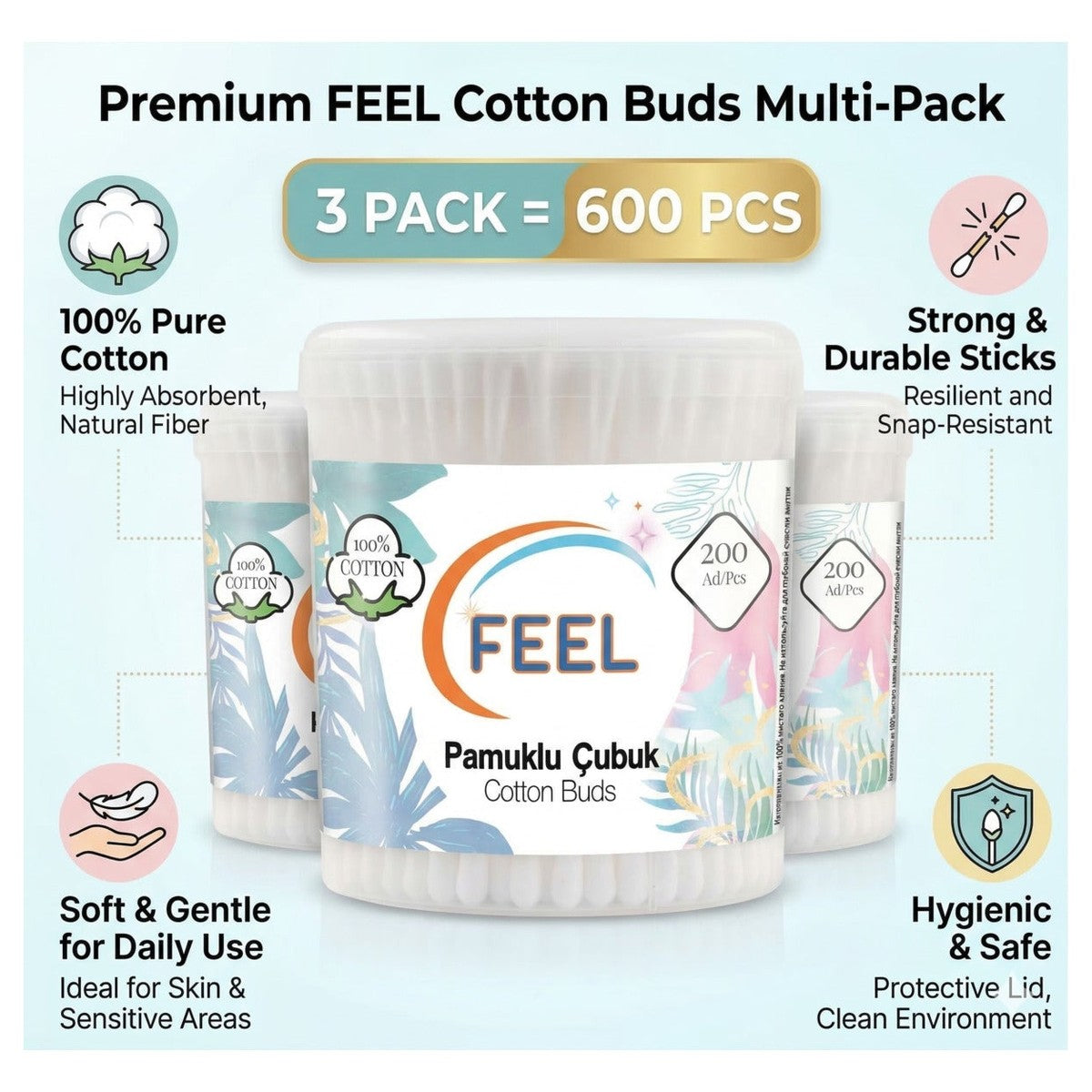 Cotton Buds 3 Pack (200 Pcs Each) - 100% Cotton Soft & Hygienic Swabs - 600 Total