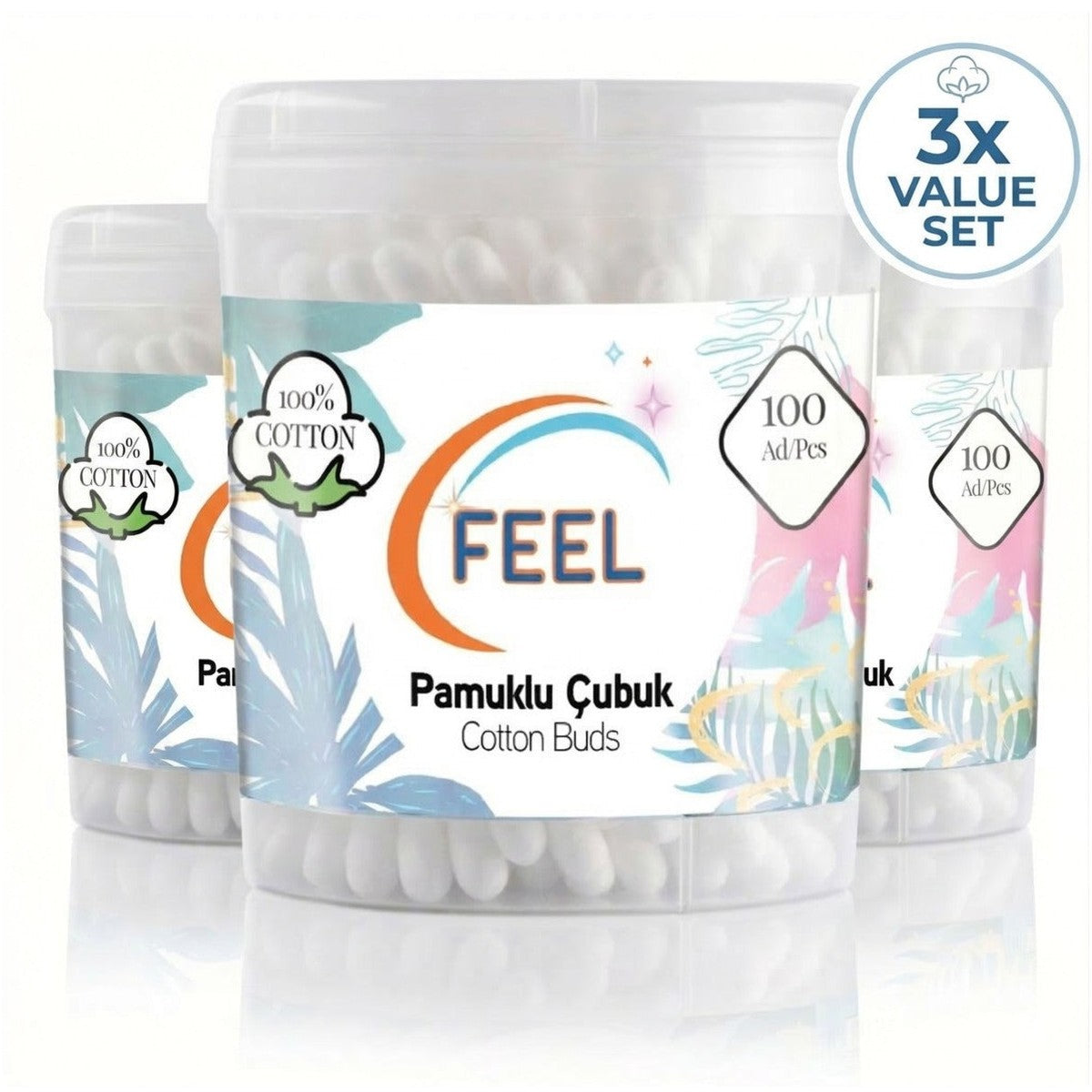 Cotton Buds 3 Pack (100 Pcs Each) - 100% Cotton Soft & Hygienic Swabs - 300 Total