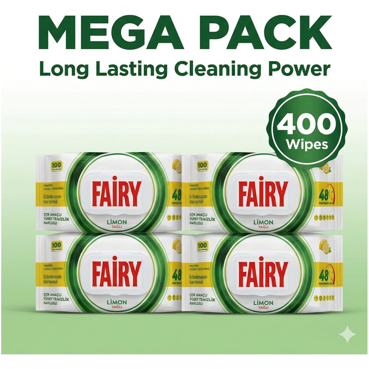 Lemon Scented Surface Cleaning Wipes x4 Pack (Total 400 Wipes)
