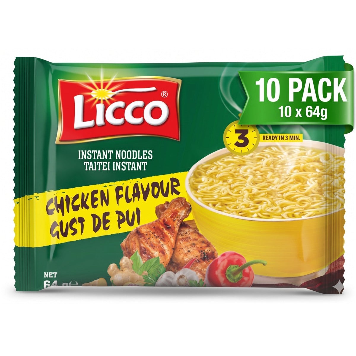 Licco Chicken Flavour Instant Noodles - 10 Pack Bundle (10x64g)