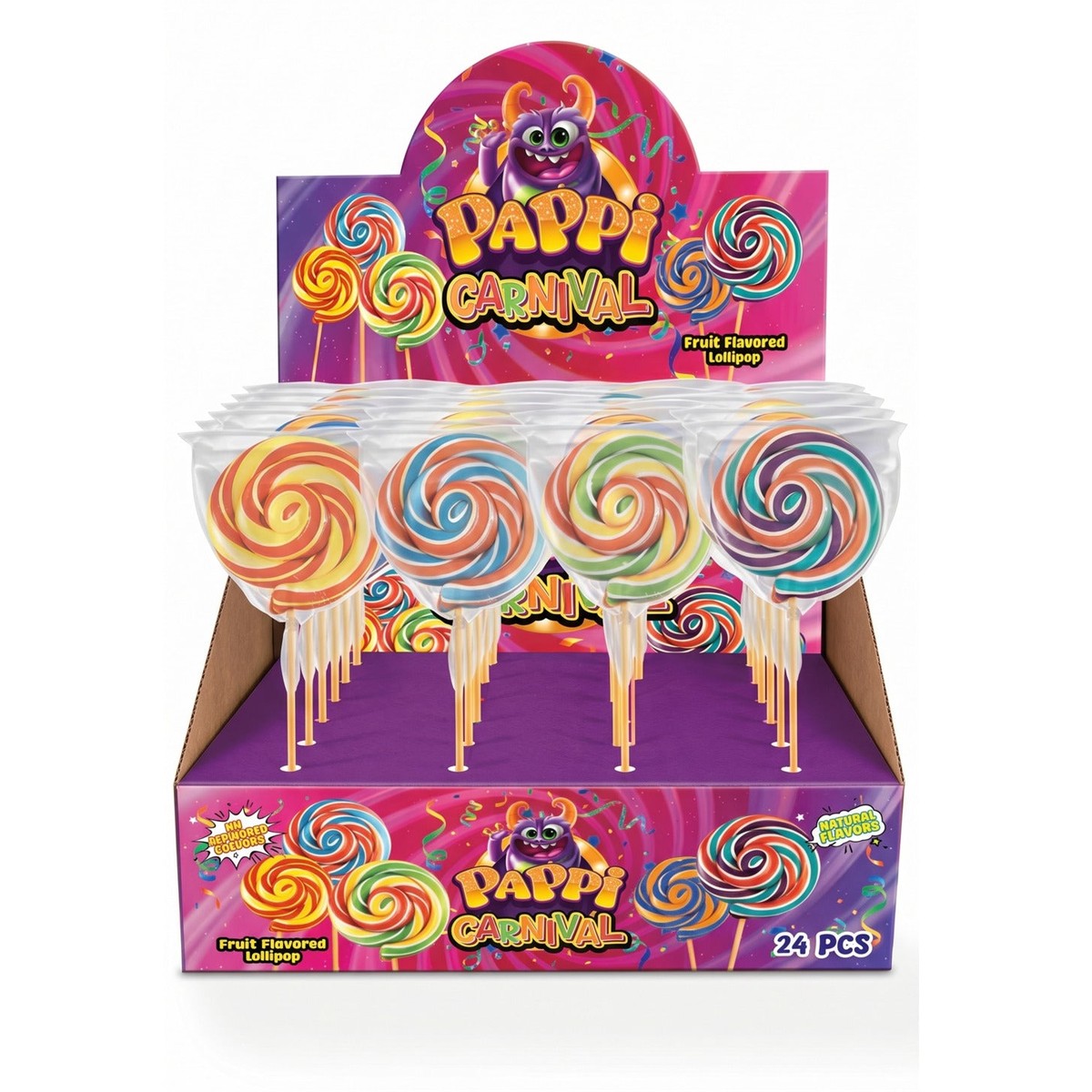 Carnival Fruit Flavored Rainbow Lollipops - 24-Pack with Stand (24 x 30g)