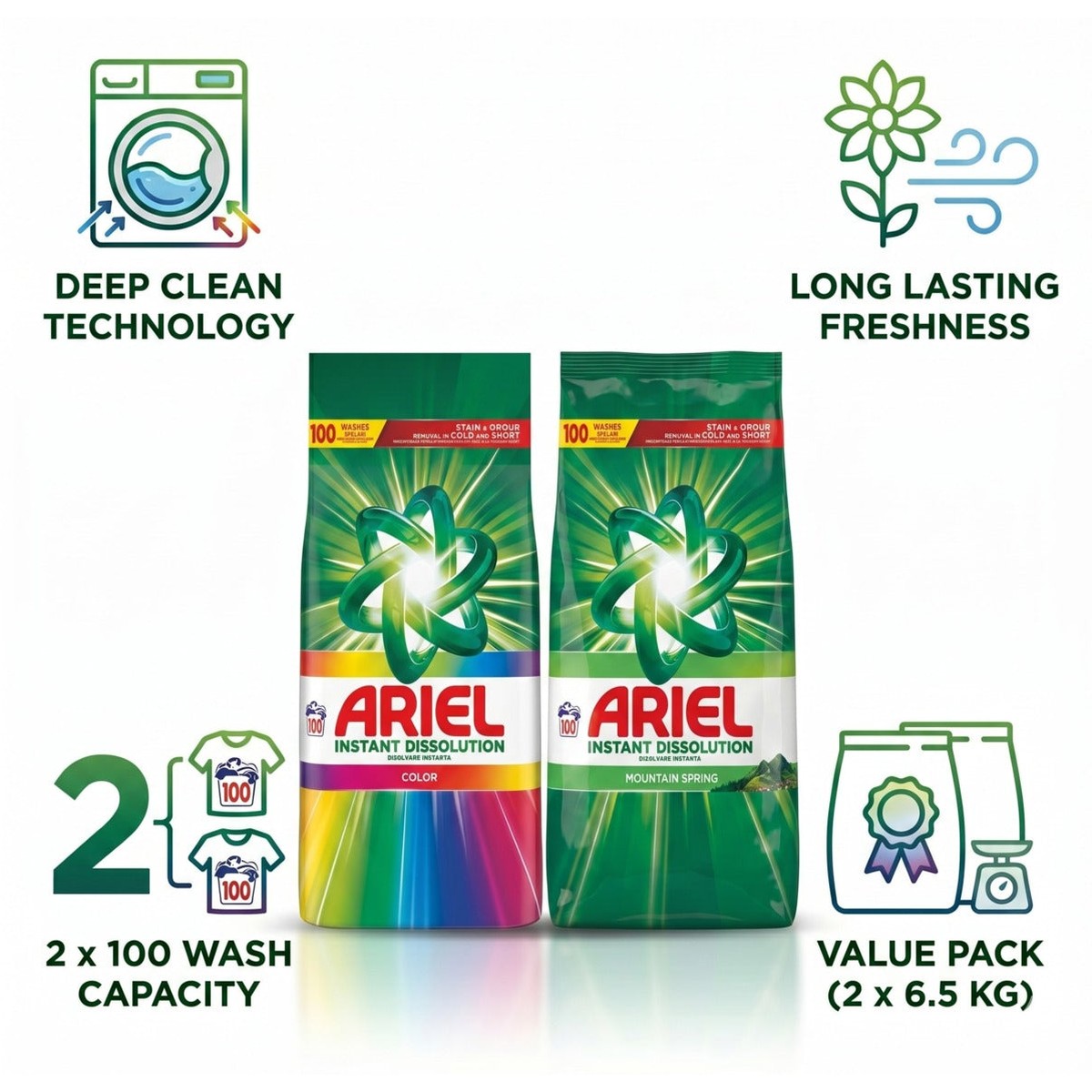 Color And Mountain Spring Automatic Laundry Detergent, Powder, 100 Washes, 6.5 kg - 2 Pack