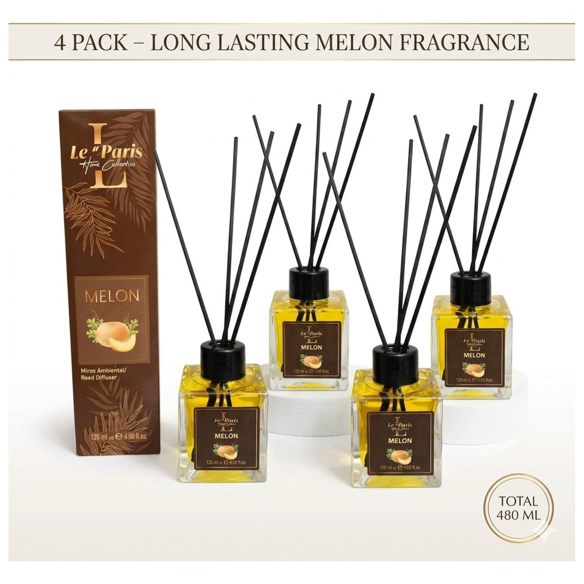 Premium Reed Diffuser 4x120ml, Long-Lasting Scent - Melon