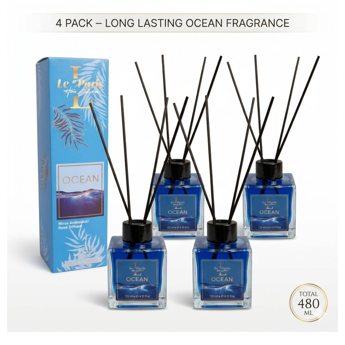 Premium Reed Diffuser 4x120ml, Long-Lasting Scent - Ocean