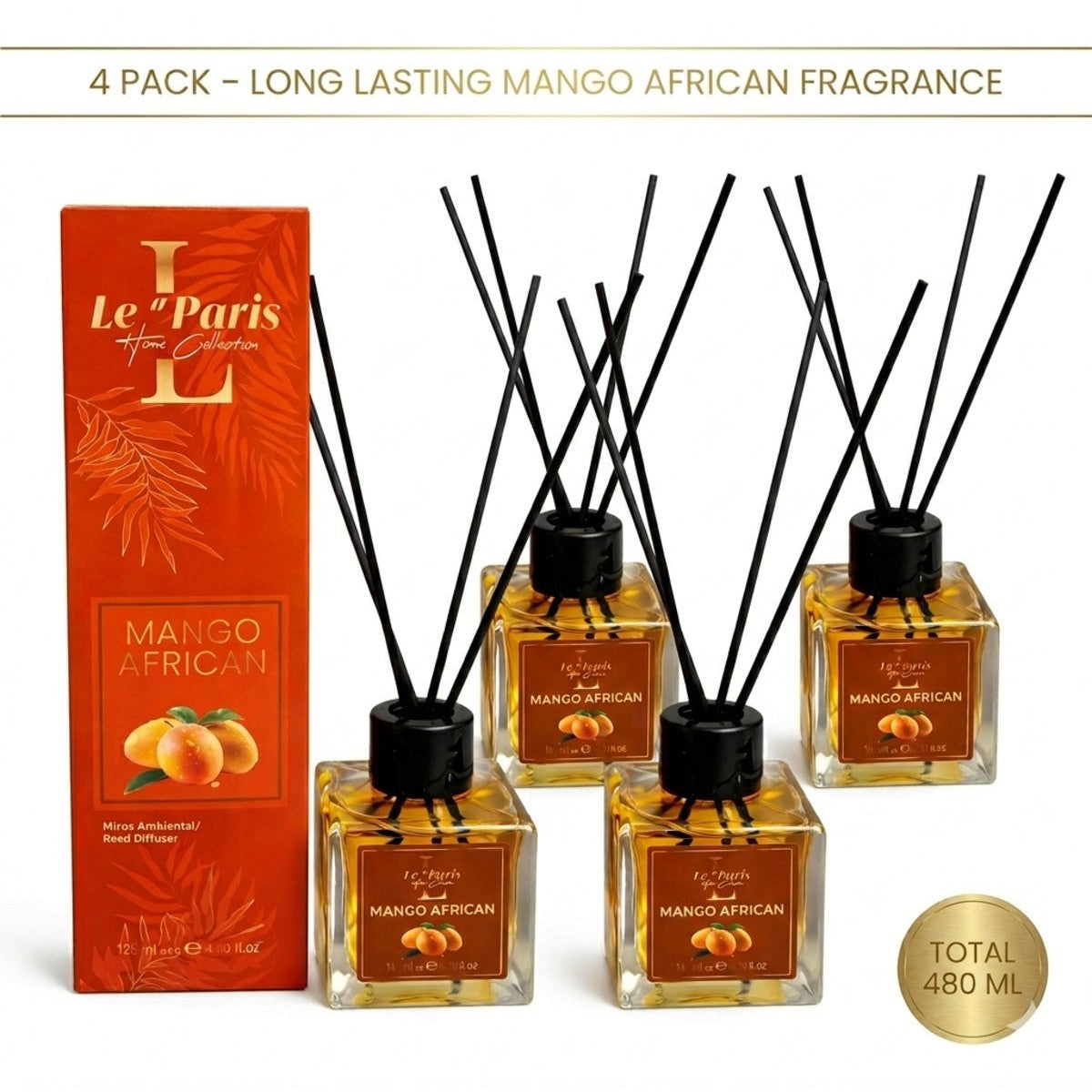 Premium Reed Diffuser 4x120ml, Long-Lasting Scent - African Mango