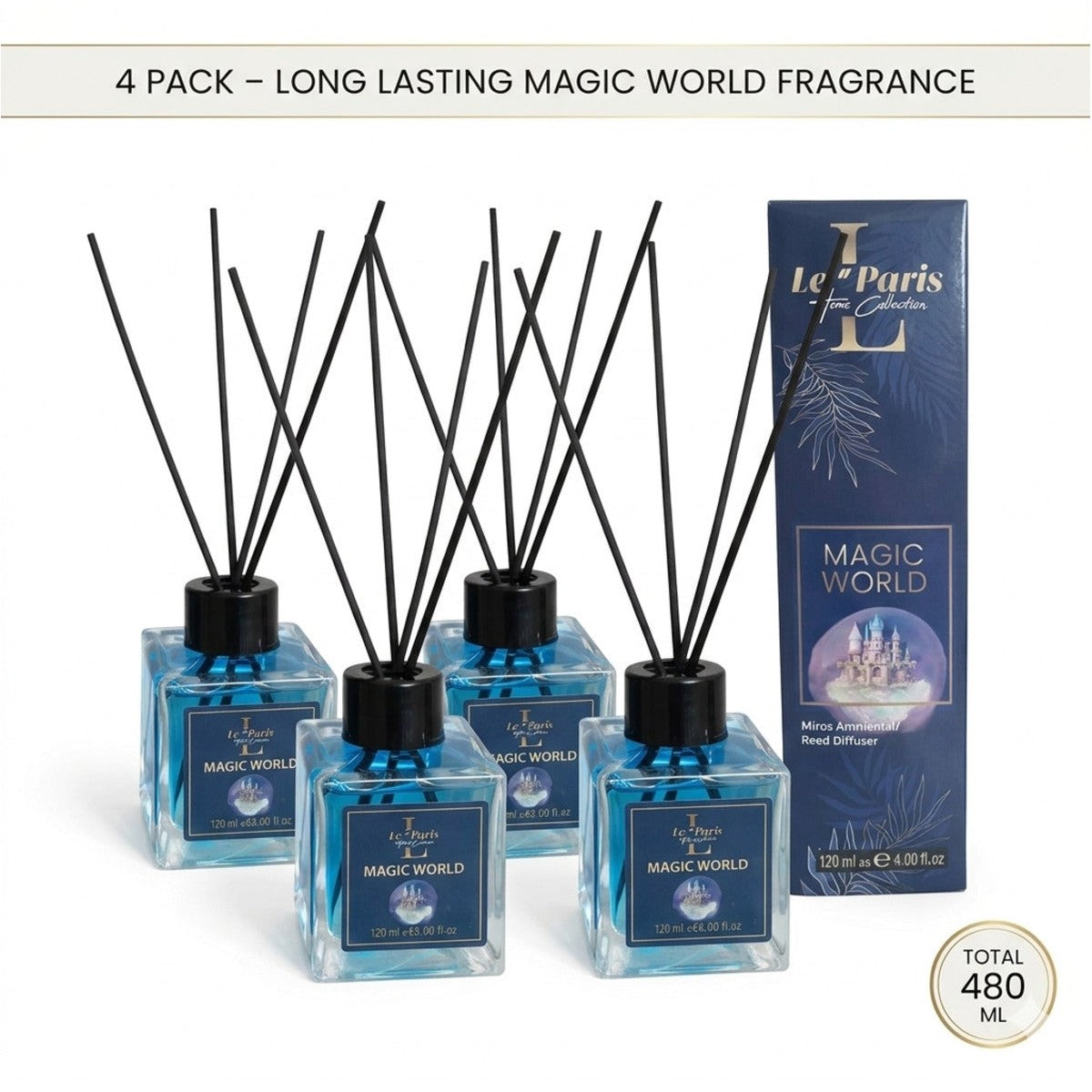 Premium Reed Diffuser 4x120ml, Long-Lasting Scent - Magic World