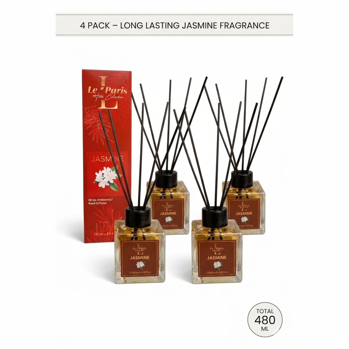 Premium Reed Diffuser 4x120ml, Long-Lasting Scent - Jasmine