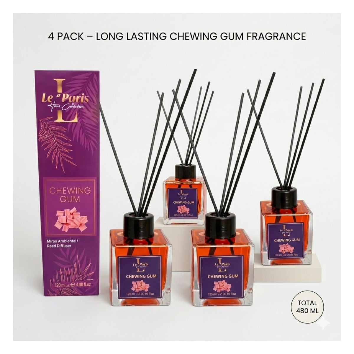 Premium Reed Diffuser 4x120ml, Long-Lasting Scent - Chewing Gum