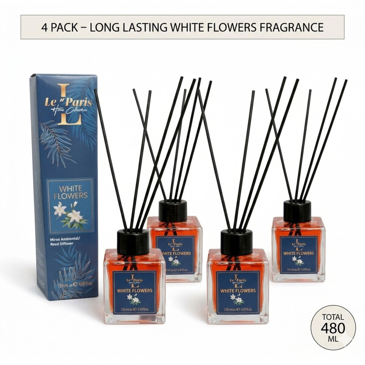 Premium Reed Diffuser 4x120ml, Long-Lasting Scent - White flower