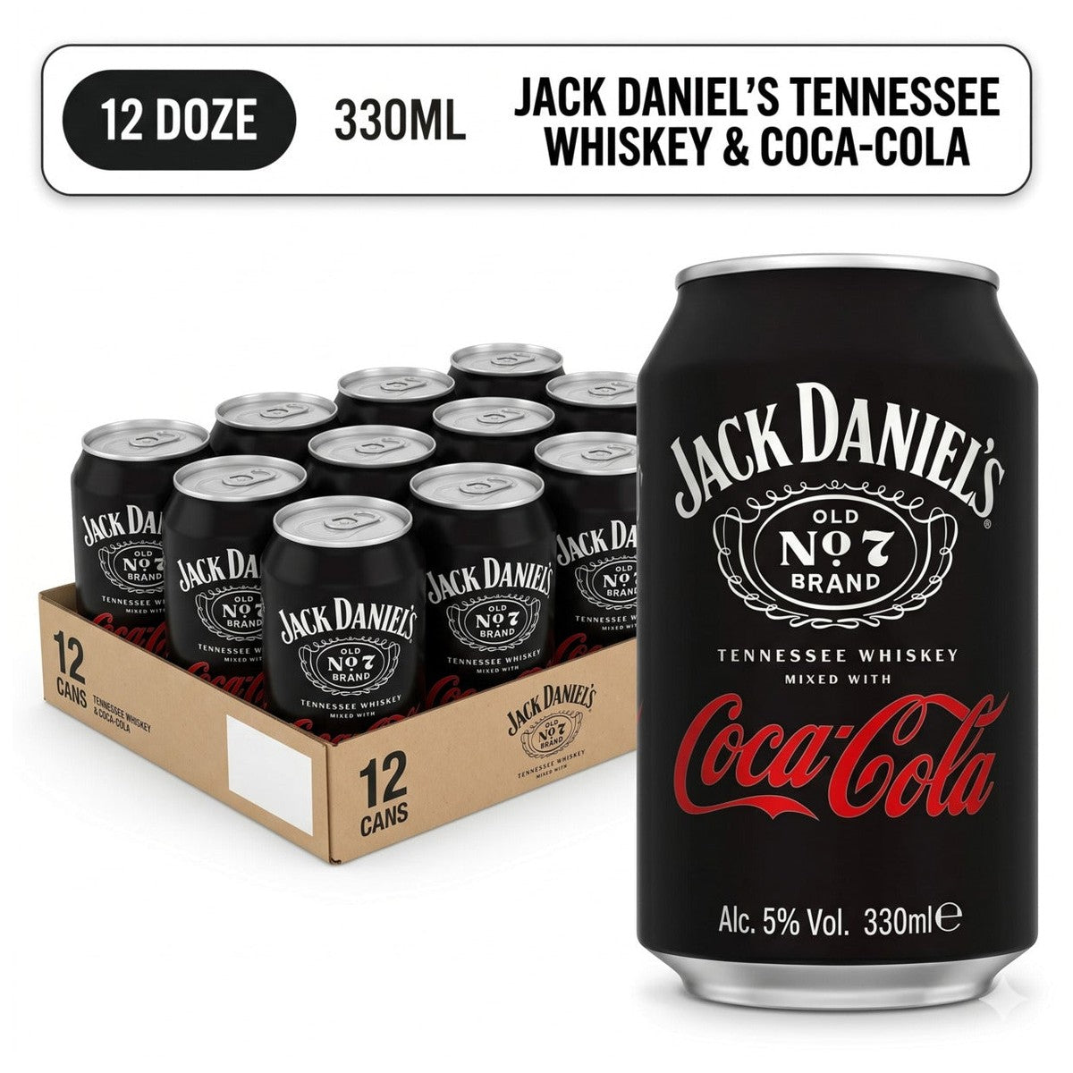 Jack Daniel's & Ready-to-Drink Cans, 5% ABV, 330ml (12 Pack)