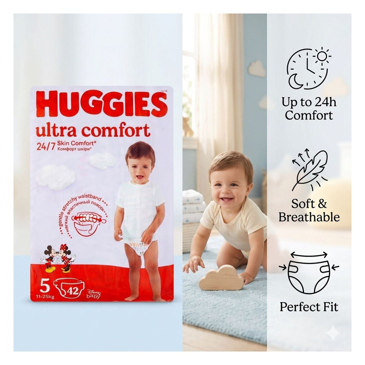 Ultra Comfort Diapers Size 5 (11-25 kg) - 2 Pack (2 x 42 Count) - 24h Skin Comfort, Soft & Breathable