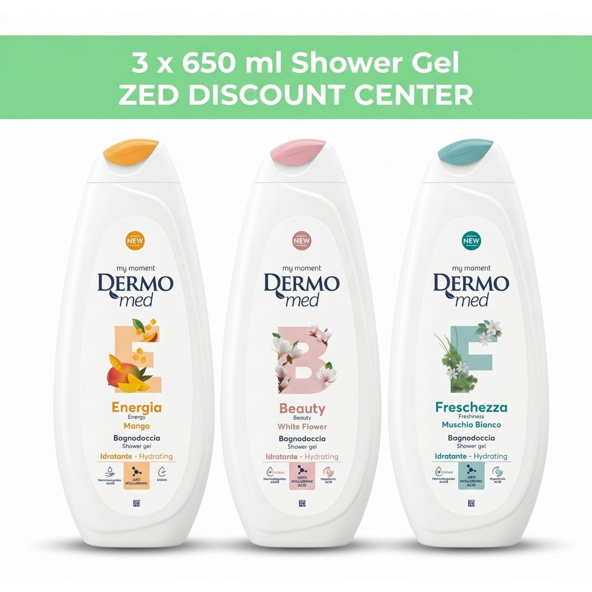 Shower Gel 3x 650ml. (Reshness White Musk and Energy Mango and Beauty White Flower)