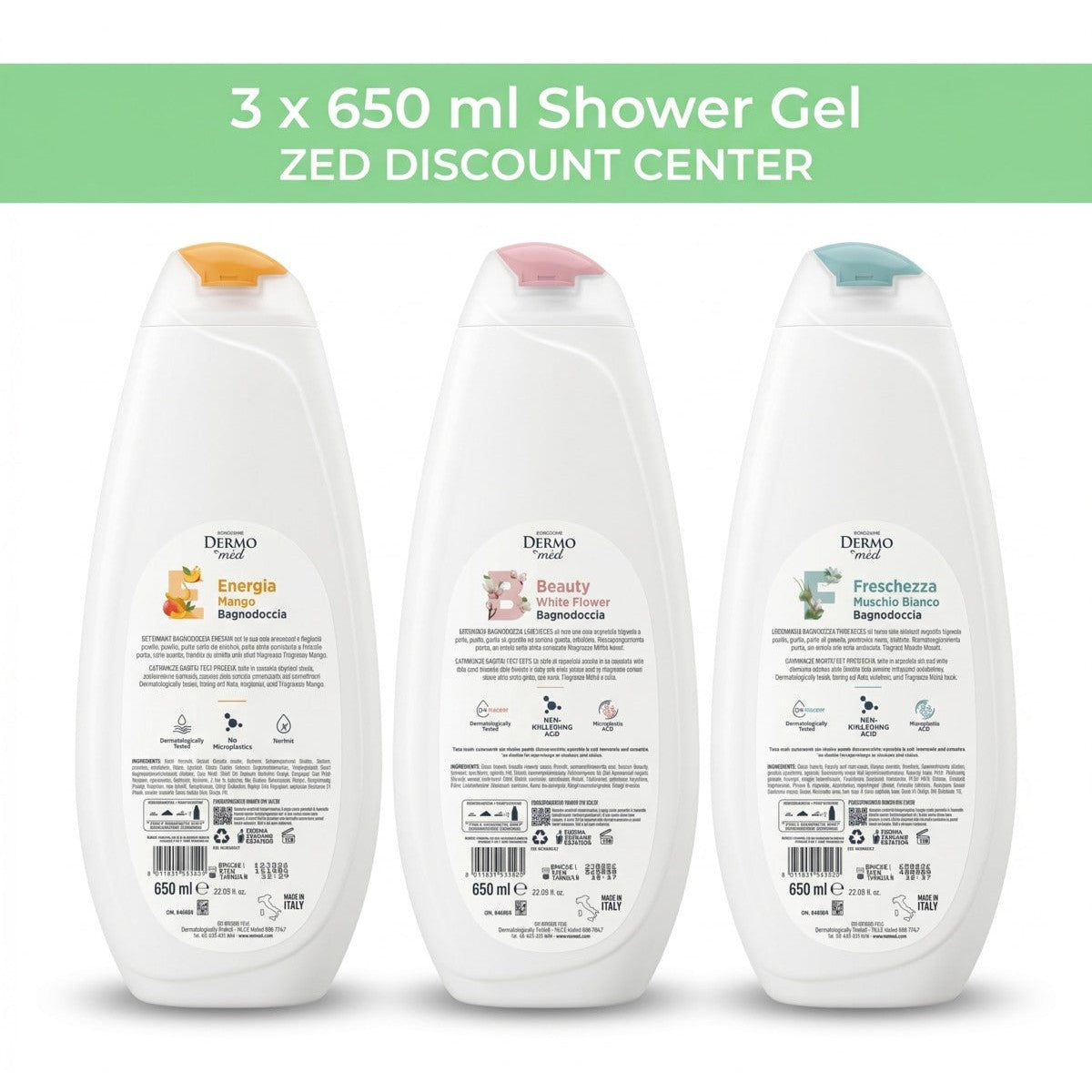 Shower Gel 3x 650ml. (Reshness White Musk and Energy Mango and Beauty White Flower)