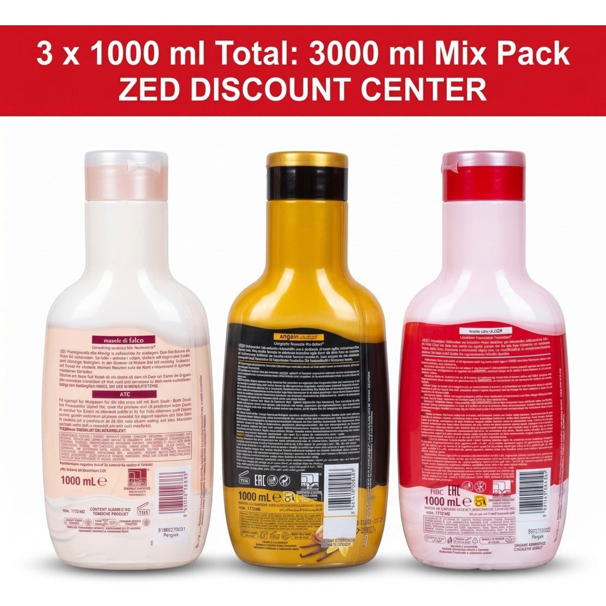 Bath Foam and Shower Gel 3x 1000ml - Argan and Vanilla + Goji Berries and Flowers + Talcum powder