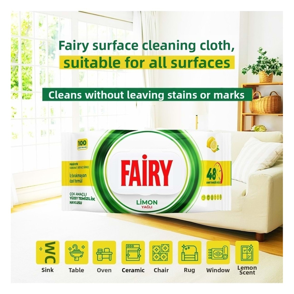 Surface Cleaning Towel Lemon Oil and Active Oxygen x4 pack (100 Wipes - Total 400 Sheets)