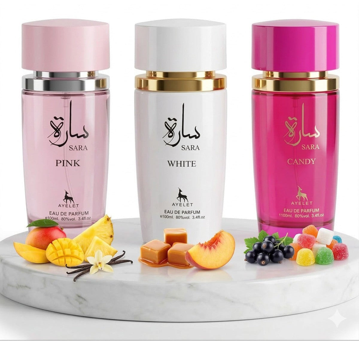 Set of 3 Oriental Perfumes for Women100ML - Sara Pink + Sara White + Sara Candy