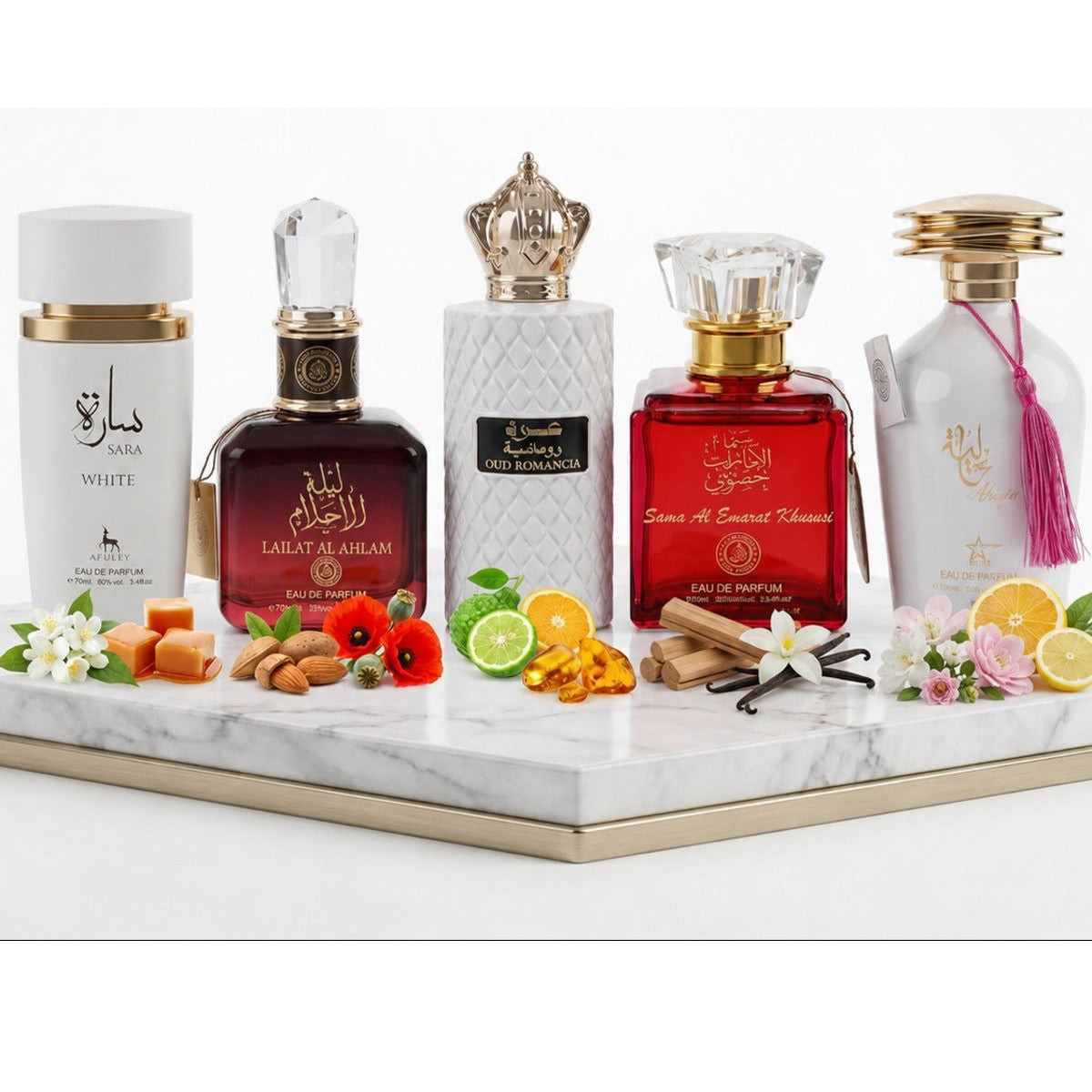 Set of 5 Oriental Perfumes for Women 100ML - Sara White + Lailat Al Ahlam + Oud Romancia + Sama Al Emarat Khususi + Alyia