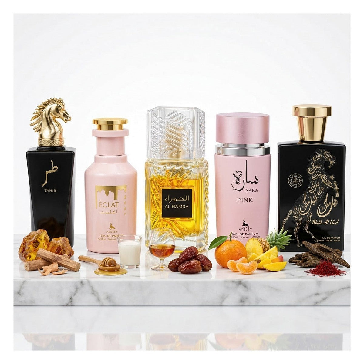 Set of 5 Oriental Perfumes (3xMan + 2xWoman) 100ML - Tahir + Eclat + Al Hamra + Sara Pink + Malik Al Lail