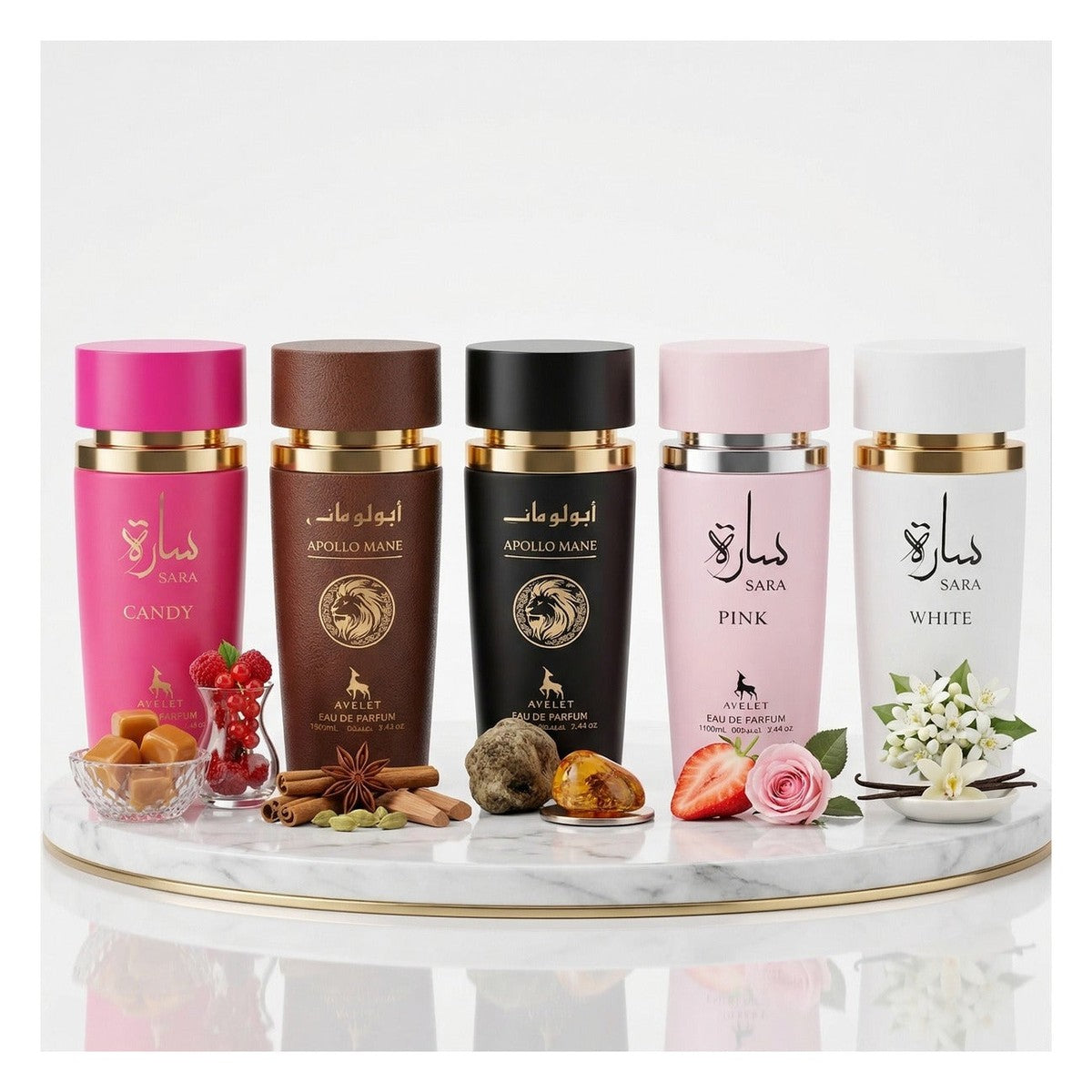 Set of 5 Oriental Perfumes 100ML (3xWoman + 2xMan) - Sara Candy + Apollo Mane Brown + Apollo Mane Black + Sara Pink + Sara White