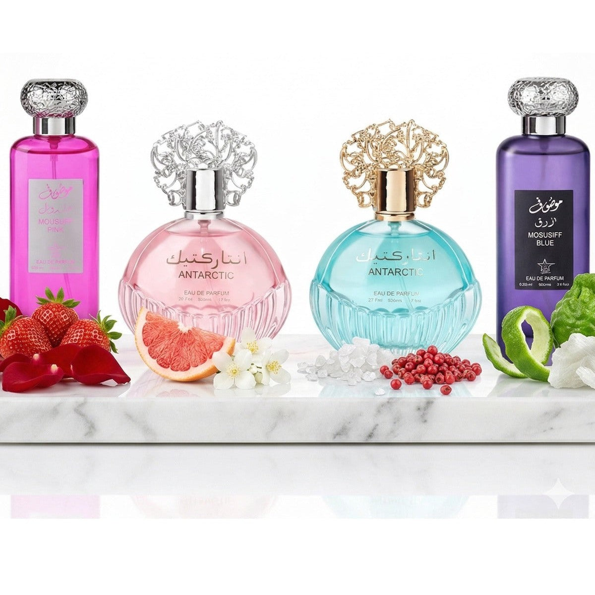 Set of 4 Oriental Perfumes (2xWoman + 2xMan) 100ML - Mousuff Pink + Antarctic Pink + Antarctic Blue + Mousuff Blue