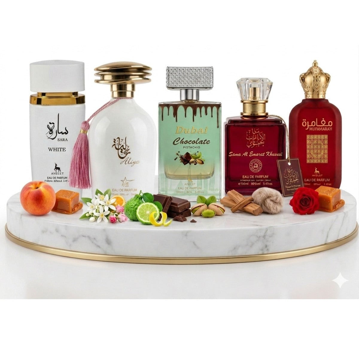 Set of 5 Oriental Women Perfumes 100ML - Sara White + Aliya + Dubai Chocolate + Sama Emarat Khususi + Mufamarah
