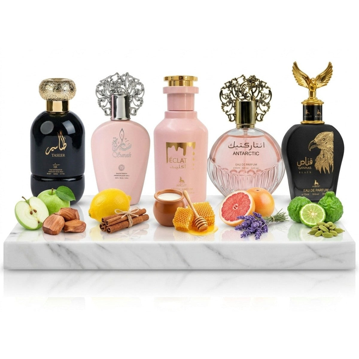 Set of 5 Oriental Perfumes (3xMan + 2xWoman) - Taseer + Sarah + Eclat + Antarctic Pink + Qannas Black