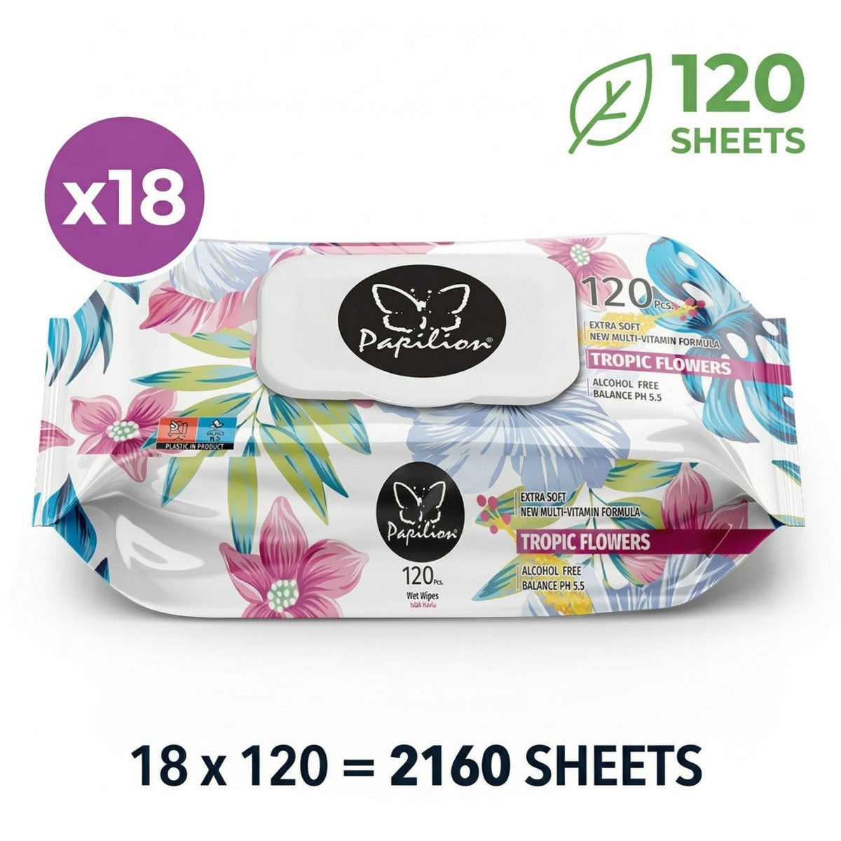 Wet Wipes 18-Pack Bulk (2.160 Sheets) Tropic Flowers Alcohol-Free