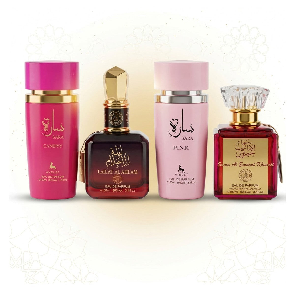Set of 4 Oriental Perfumes 100ML - Sara Candy + Lailat Al Ahlam + Sara Pink + Sama Al Emarat Khususi