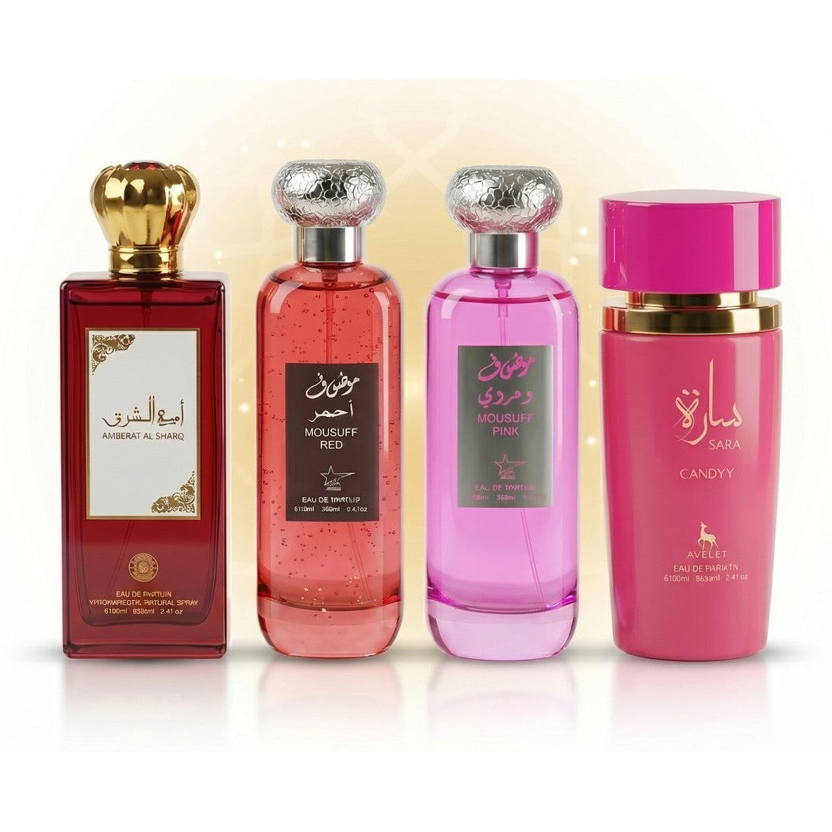 Set of 4 Arabic Women's Perfumes 100ML - Ameerat Al Sharq + Mousuff Red + Mousuff Pink + Sara Candy