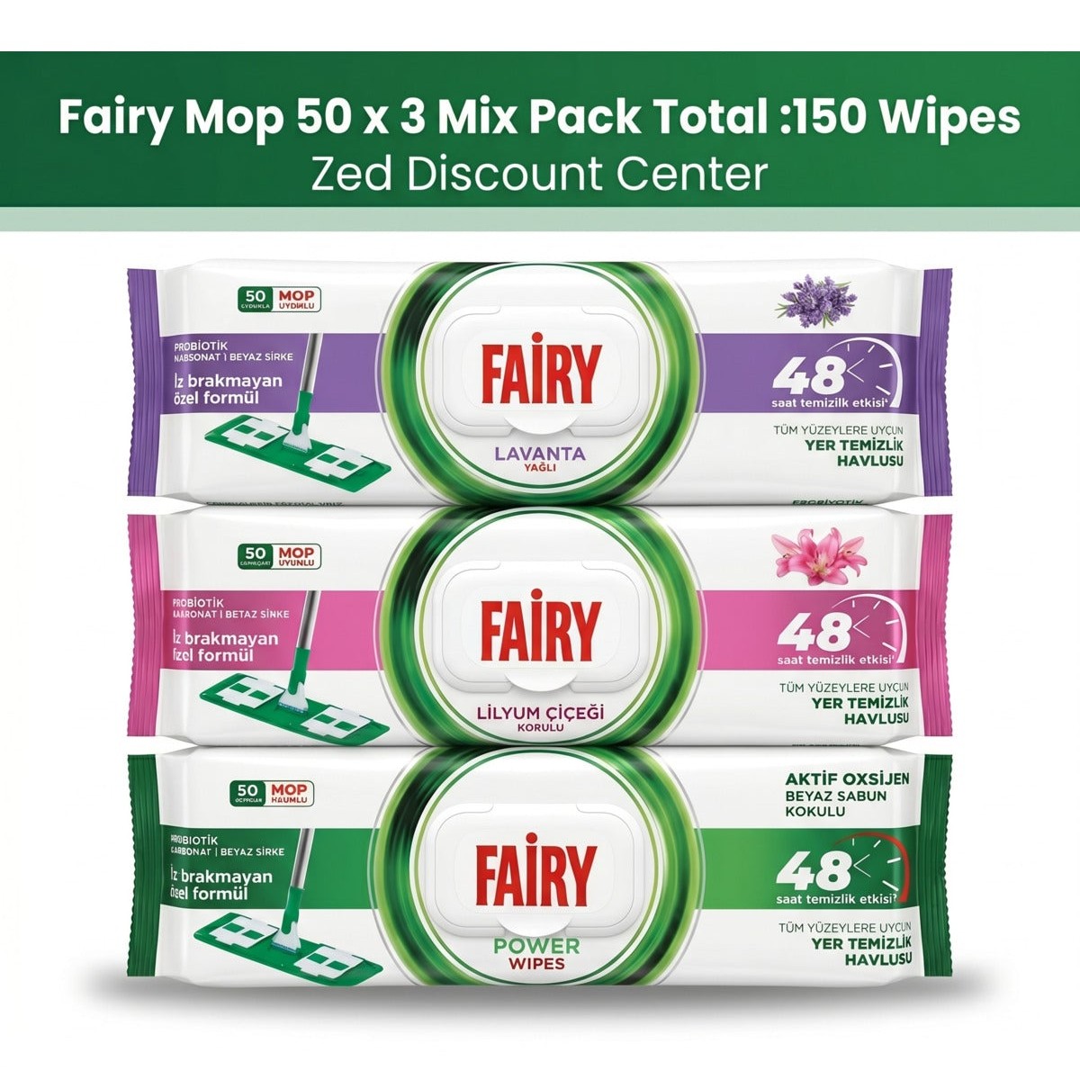 Multi-Purpose Mop Compatible Floor Cleaning Towel 50 Sheets | Lavender Oil x1 - Lily Flower Scented x1 - Power Wipes x1