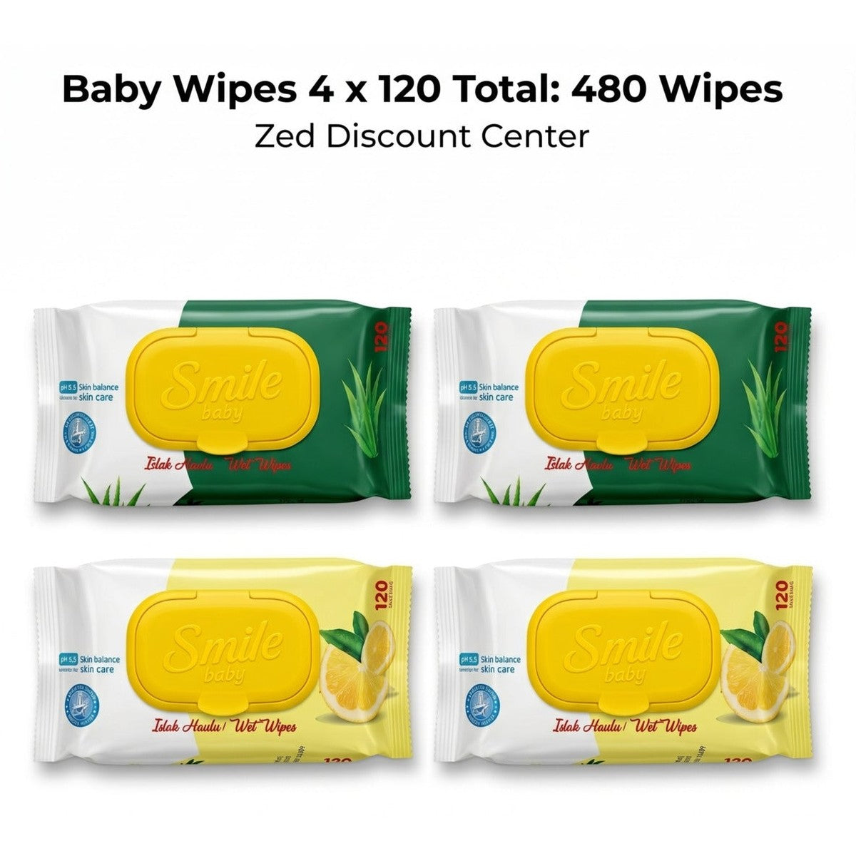 Baby Wet Wipes (4 x 120 : Total 480 Wipes) - 2 pack aloe vera - 2 pack lemon