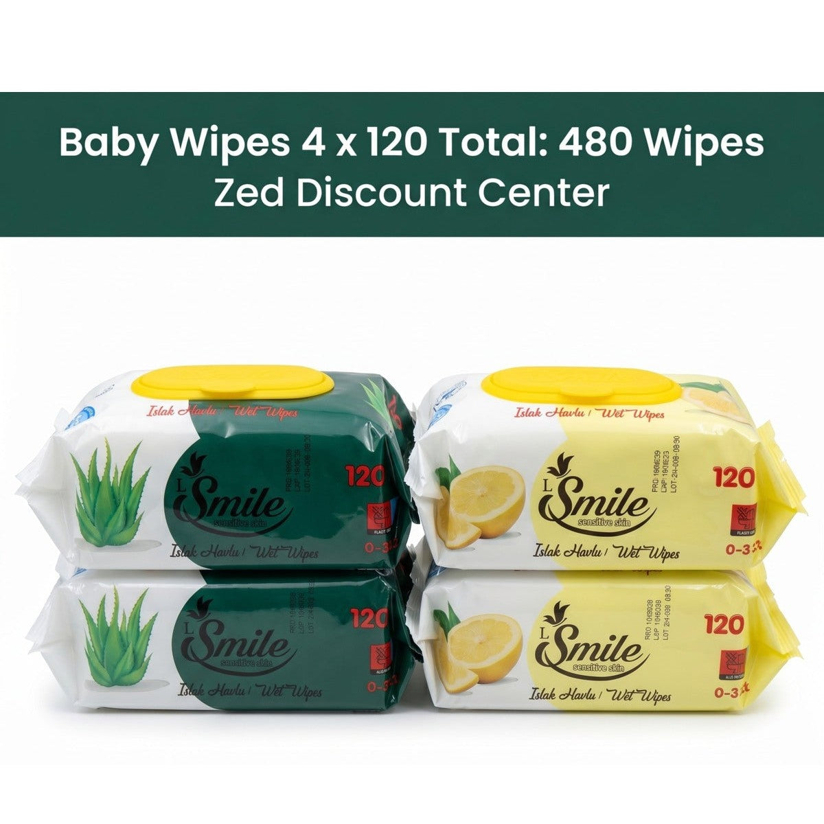 Baby Wet Wipes (4 x 120 : Total 480 Wipes) - 2 pack aloe vera - 2 pack lemon