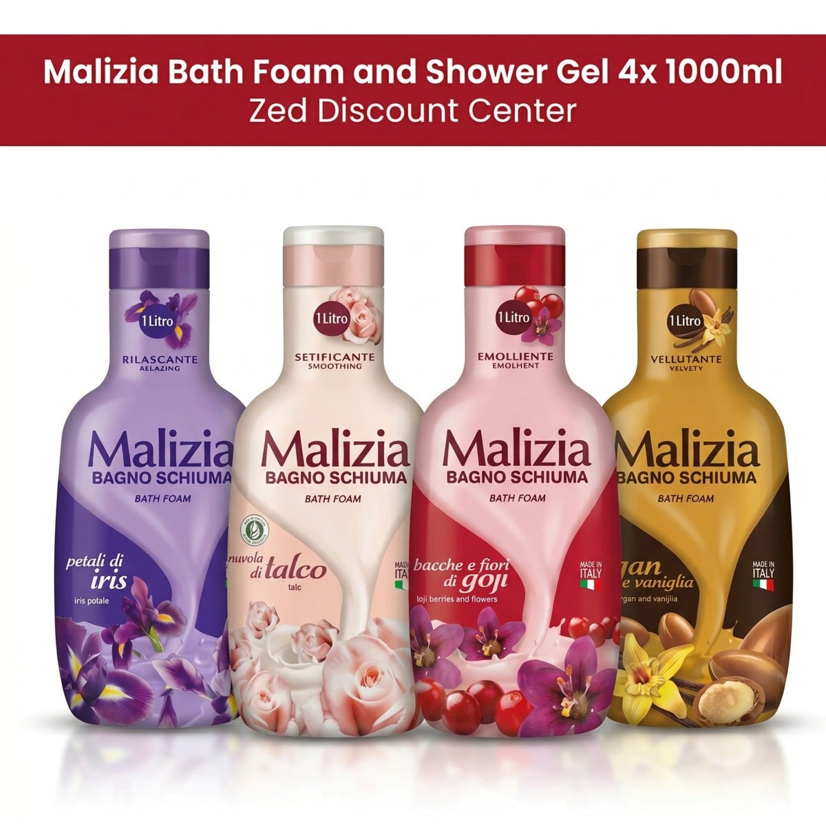 Bath Foam and Shower Gel 4x 1000ml - Argan and Vanilla + Goji Berries and Flowers + Talcum powder + Iris Petals