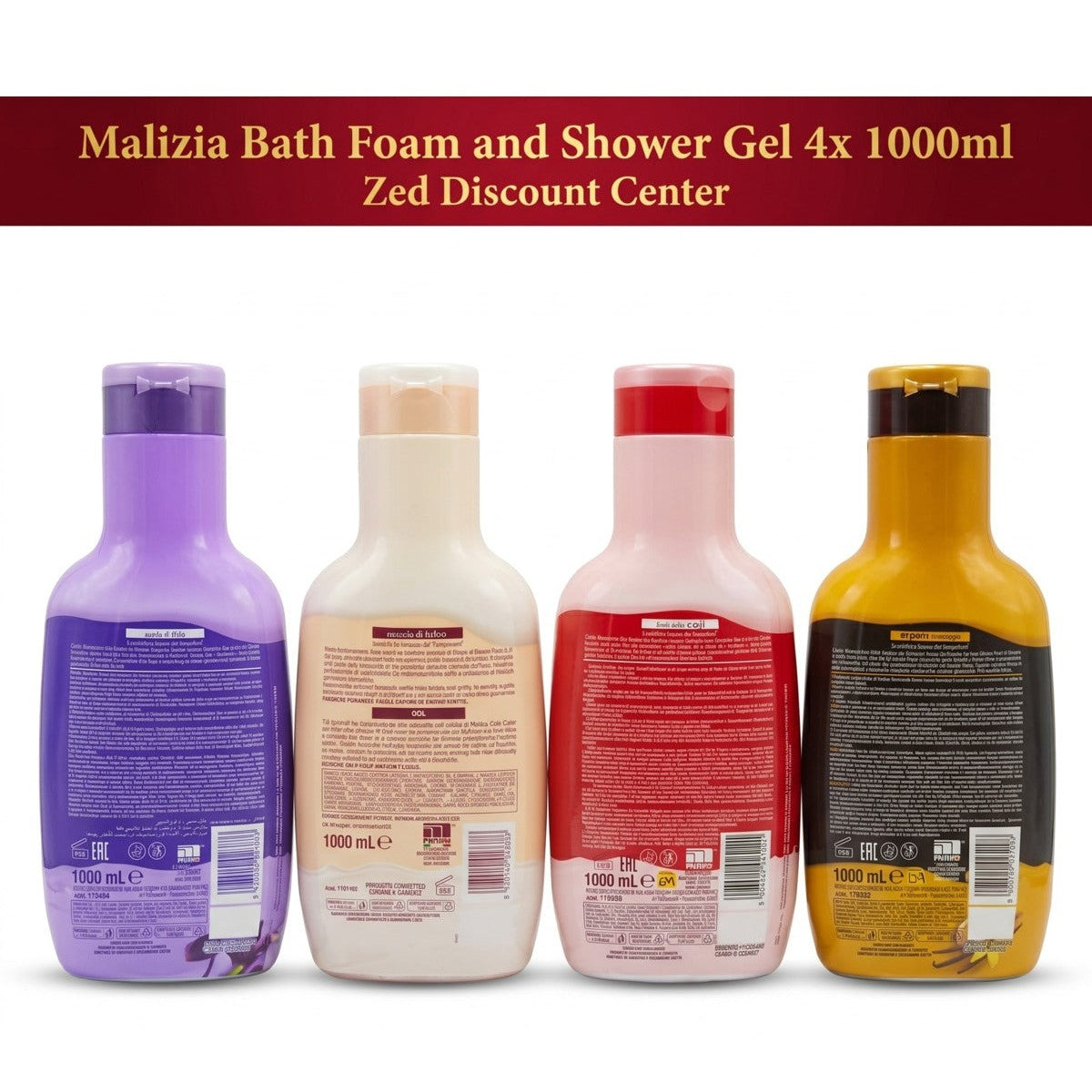 Bath Foam and Shower Gel 4x 1000ml - Argan and Vanilla + Goji Berries and Flowers + Talcum powder + Iris Petals