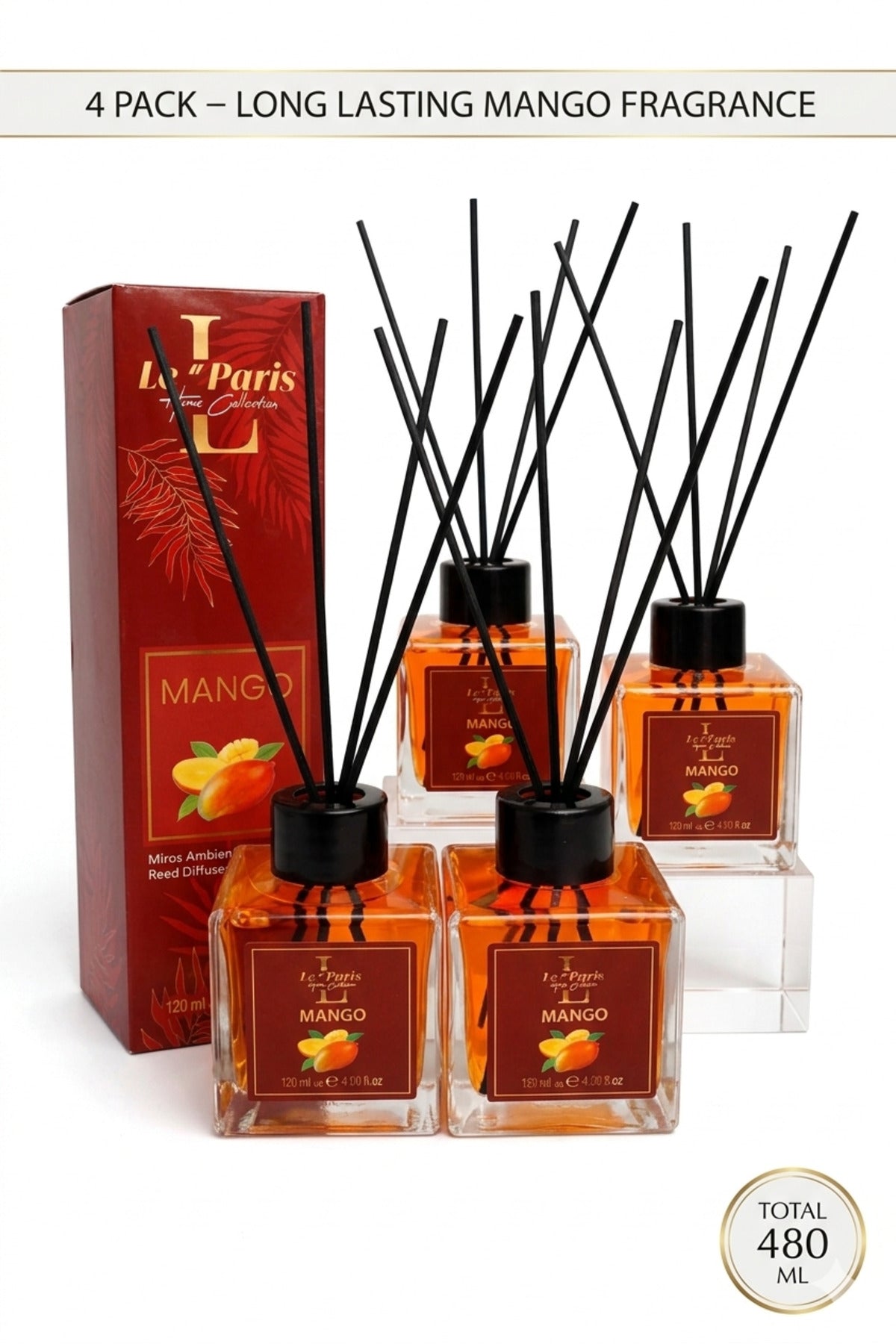 Premium Reed Diffuser 4x120ml, Long-Lasting Scent - Mango