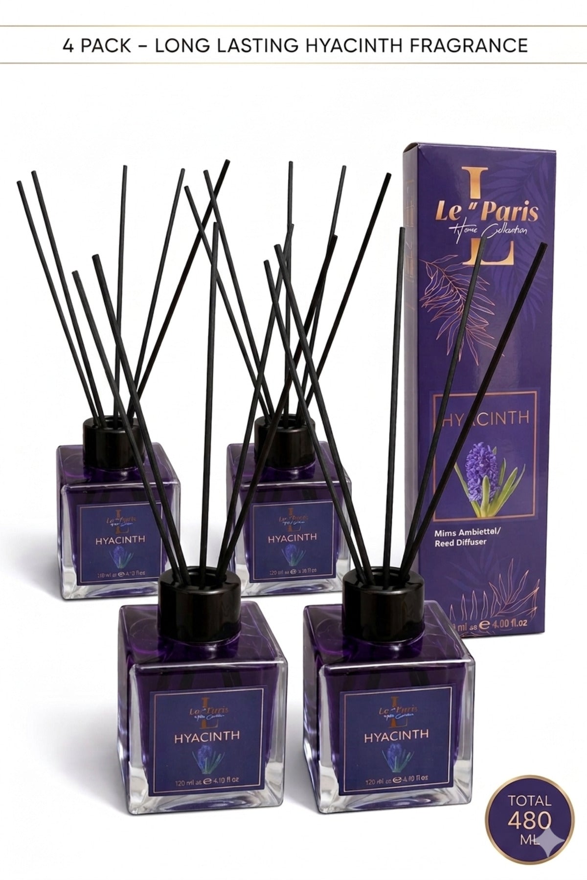 Premium Reed Diffuser 4x120ml, Long-Lasting Scent - Hyacinth