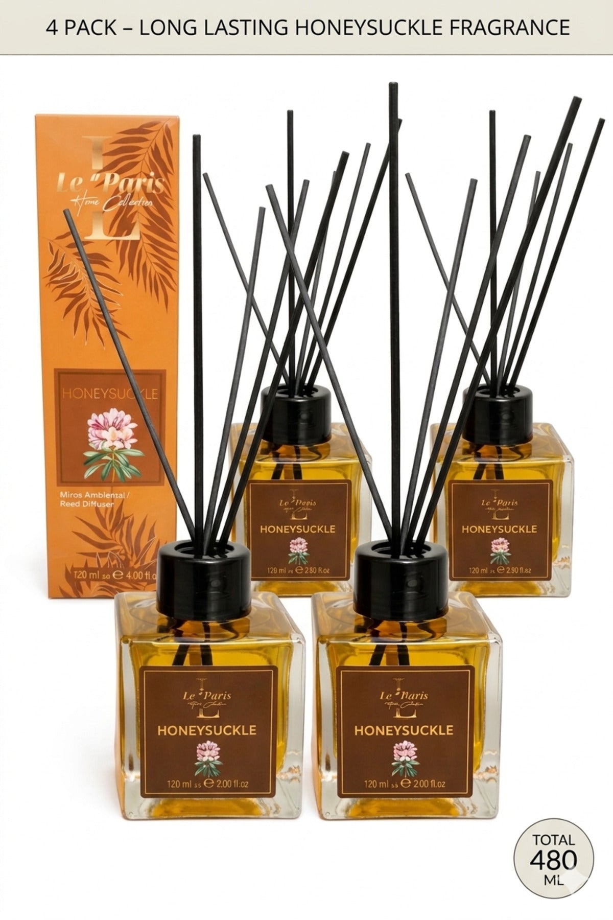 Premium Reed Diffuser 4x120ml, Long-Lasting Scent - Honeysuckle