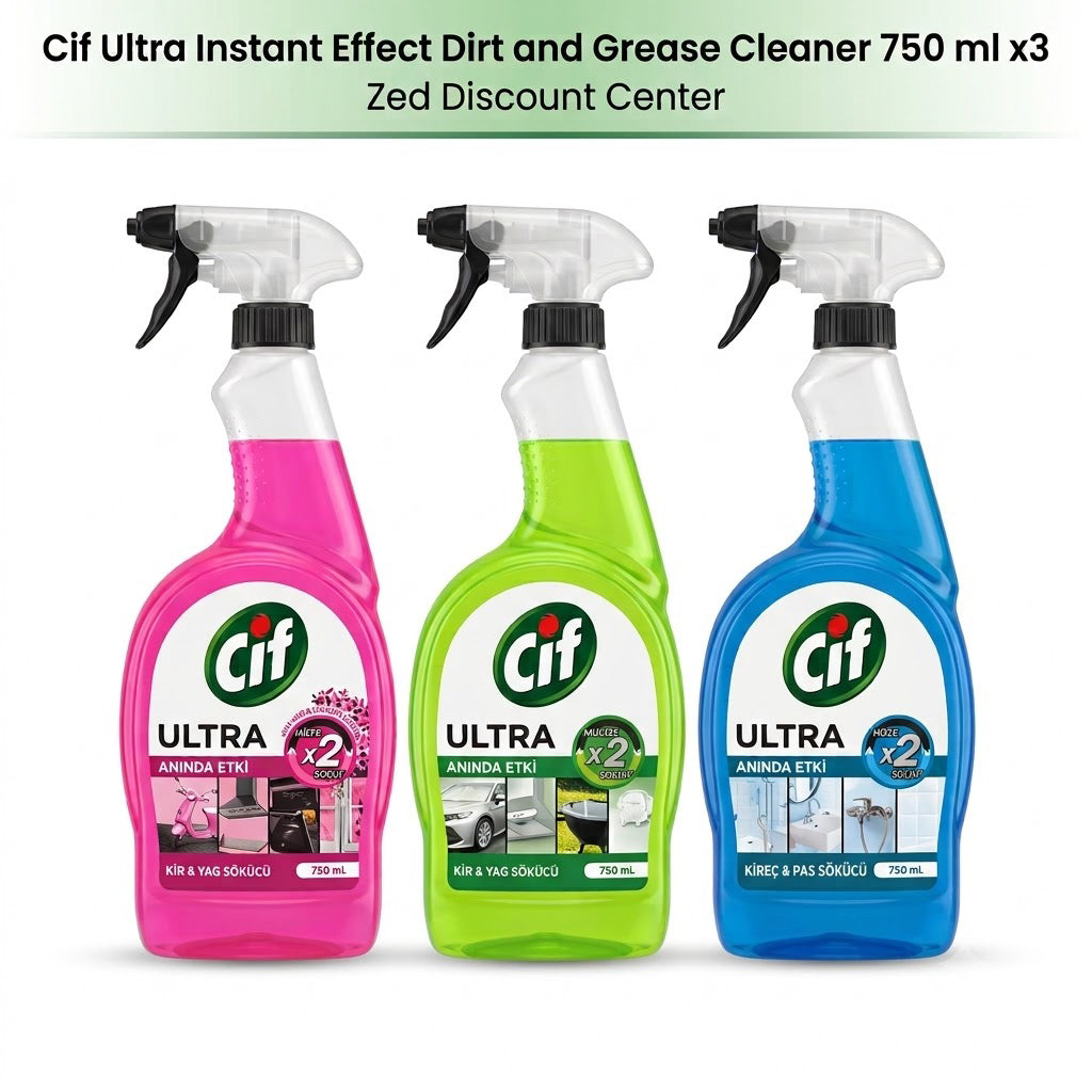 Cif Ultra Spray Instant Effect 3-Piece Set: Dirt & Grease Remover x1, Sakura Spray x1, Limescale and Rust Remover x1 (3 x 750ml)