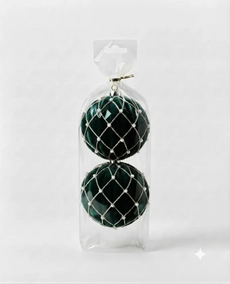 Set 2 Globuri Catifea Verde cu Decor Pietricele 10 cm