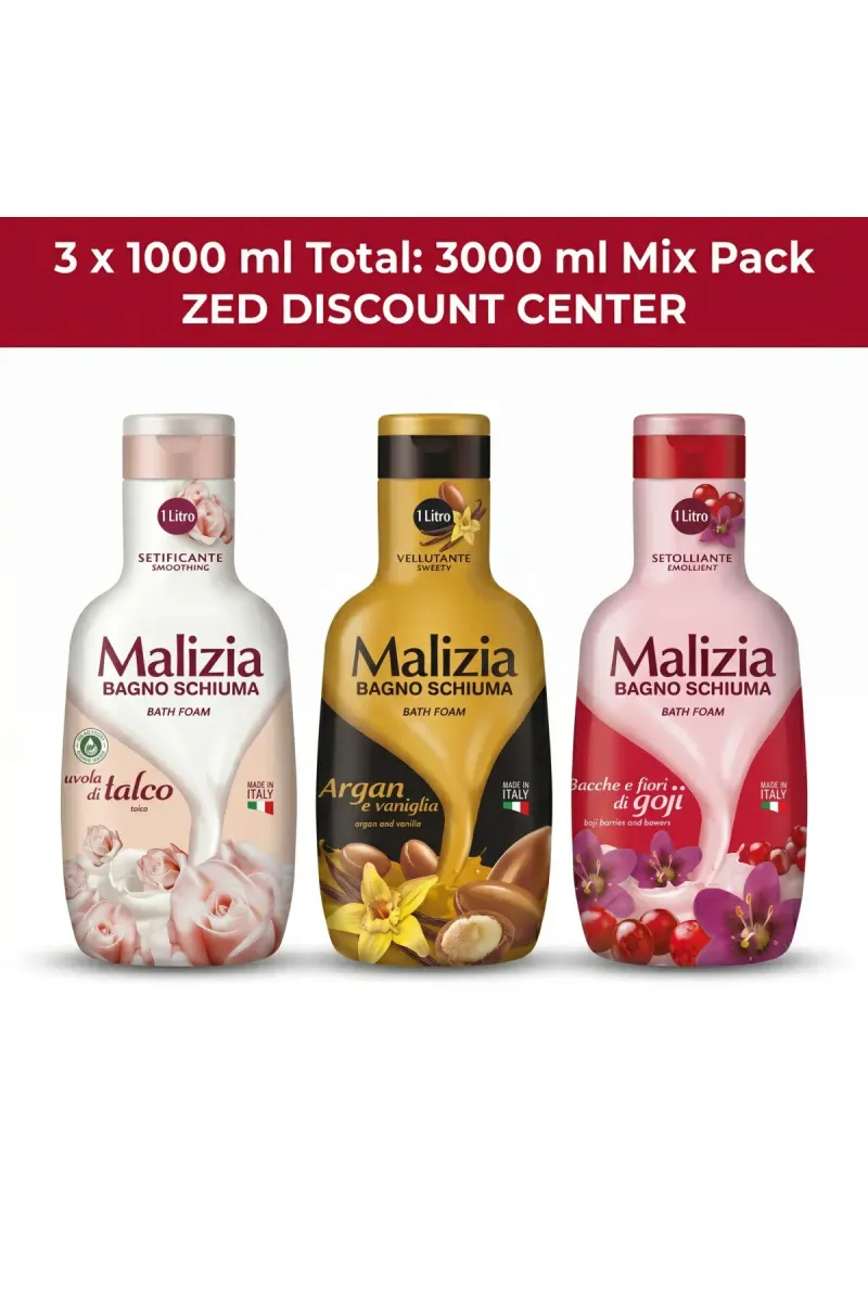 Bath Foam and Shower Gel 3x 1000ml - Argan and Vanilla + Goji Berries and Flowers + Talcum powder
